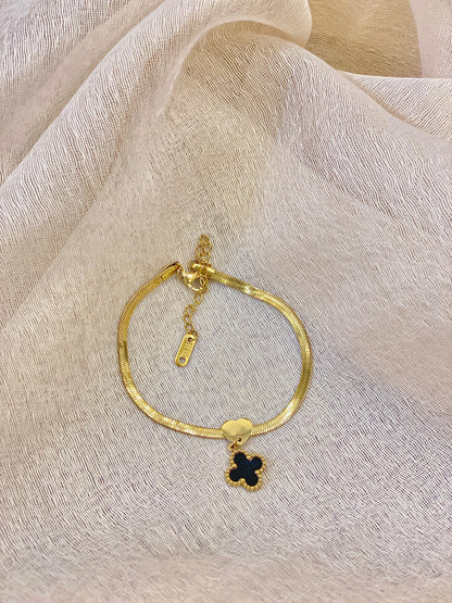 Gold Stainless Snake Chain Bracelet With Hanging Black Clover