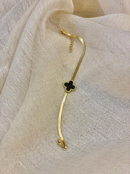 Gold Stainless Snake Chain Bracelet With Black Clover