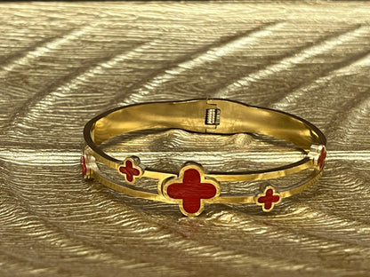 Stainless Steel Gold Bracelet with  Red Clovers